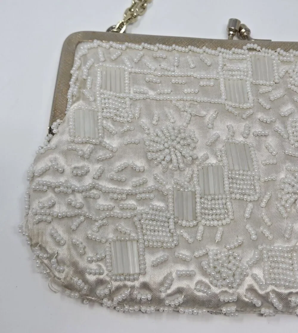 Vintage La Regale Beaded Evening Purse‎ Ivory Satin Kiss Lock Hong Kong Wedding